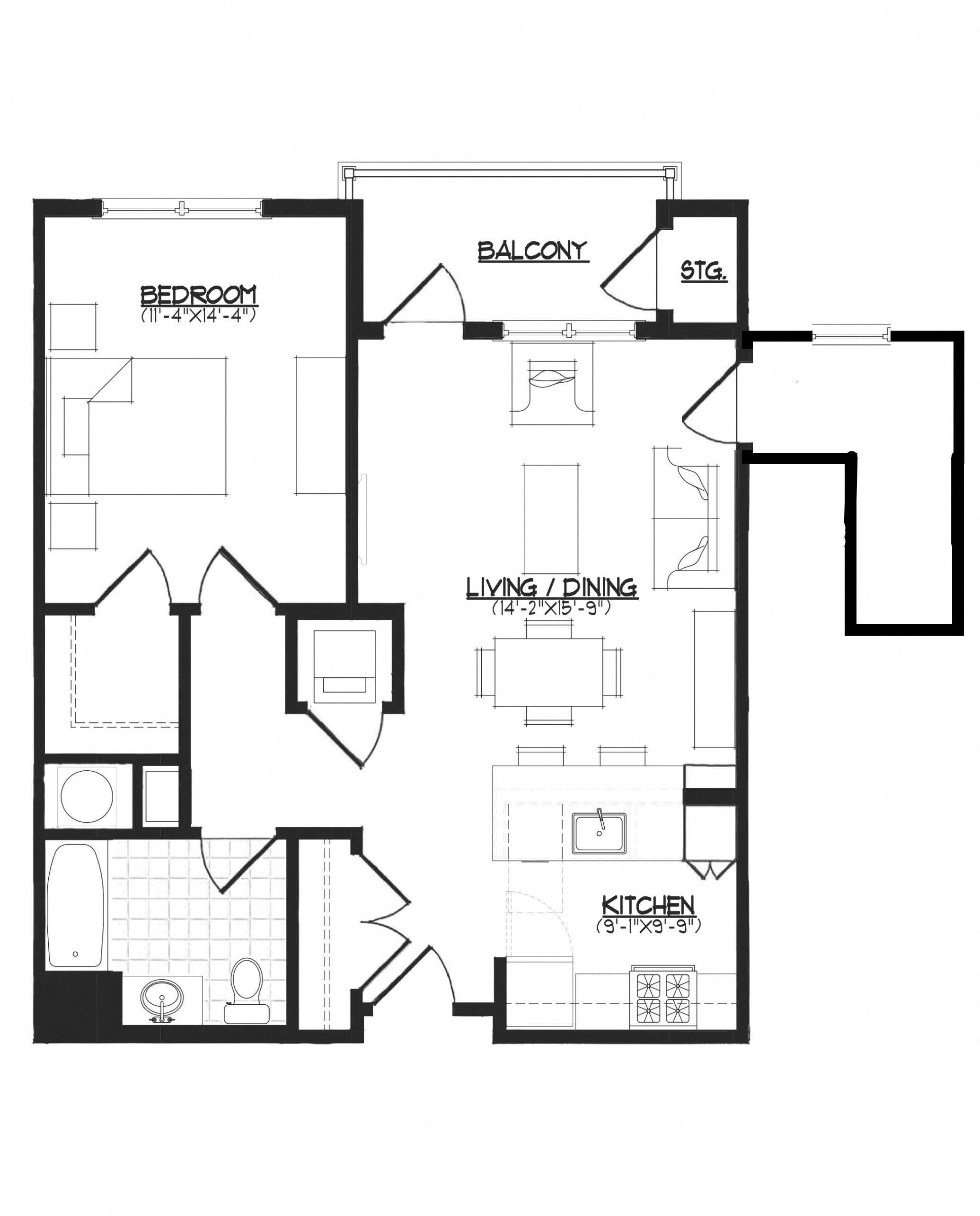 Floor plan for 1 bed, 1 bath, 857 sqft